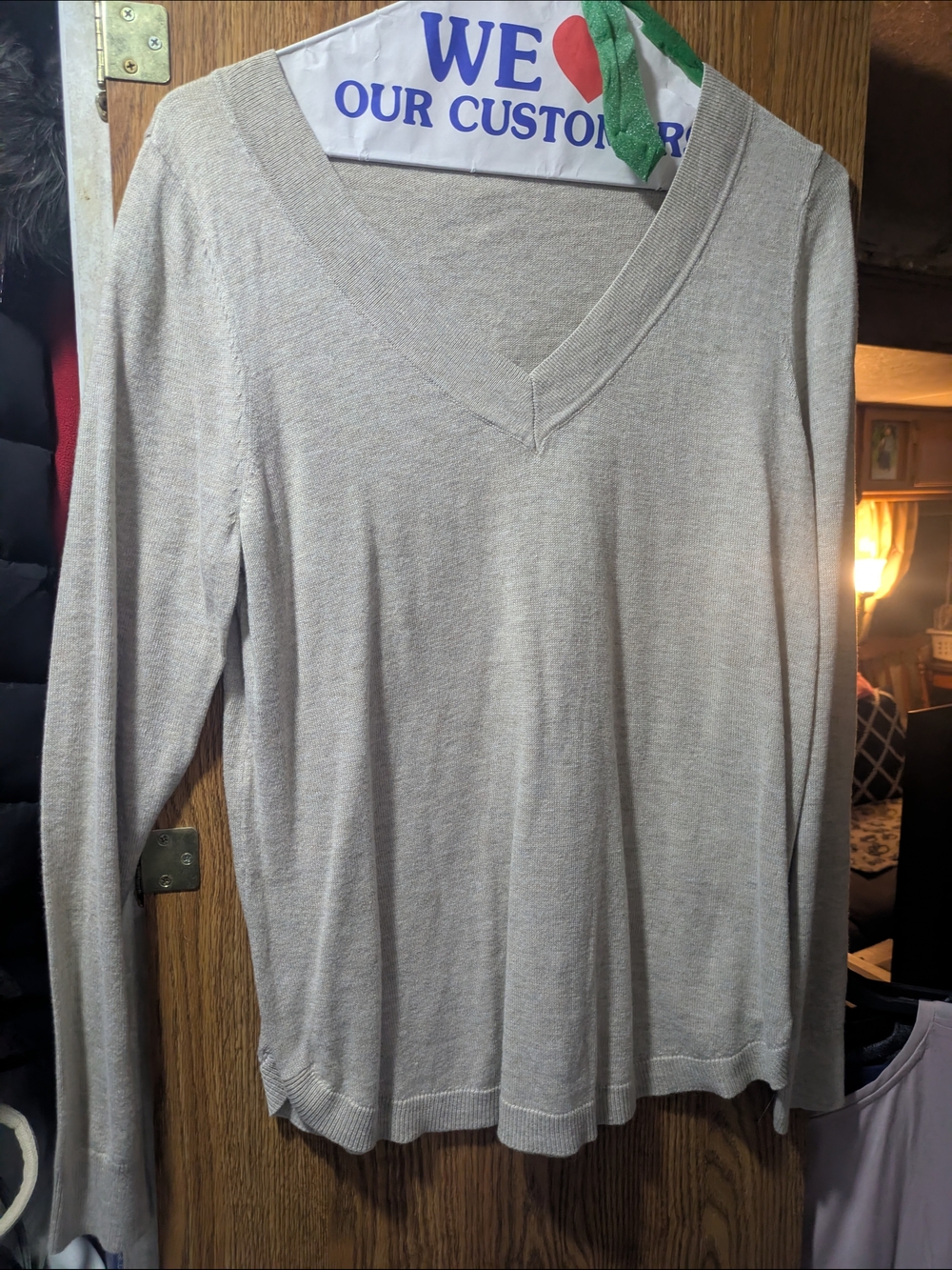 Essentials Women's V-Neck Lightweight Beige Sweater